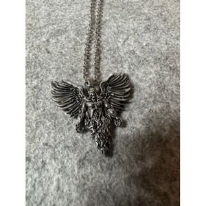 Mens Silver Gothic Angel Warrior Pendant Necklace Winged Valkyrie Biker 24 In